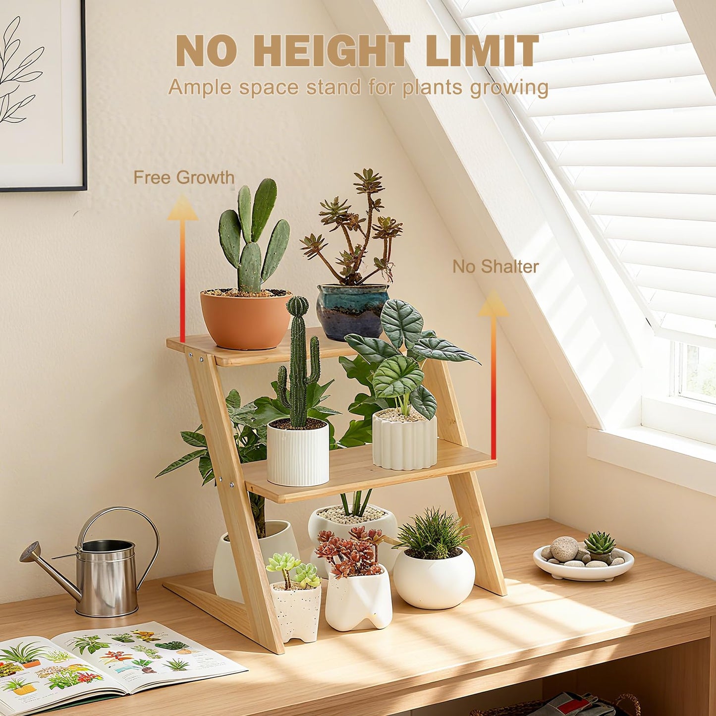 OcBuct 3 Tier Table Top Countertop Small Plant Stand with Shelf Adjustable, Bamboo Wooden Desk Plants Succulent Stand, Office Flower Pot Holder Rack ,Cup Cake Stand, Kitchen Spice Rack