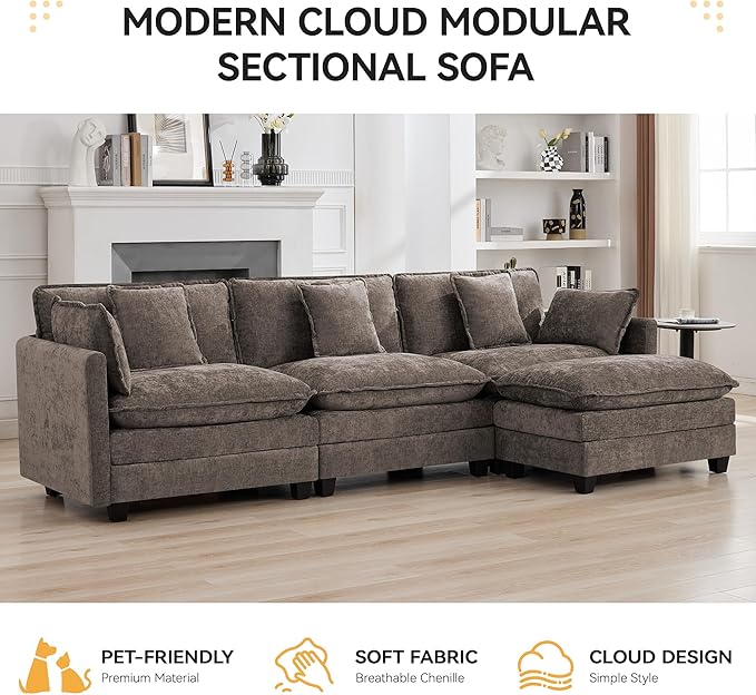111'' Sectional Cloud Deep Seat Couch, Modern Comfy Chenille L Shaped Sectional
