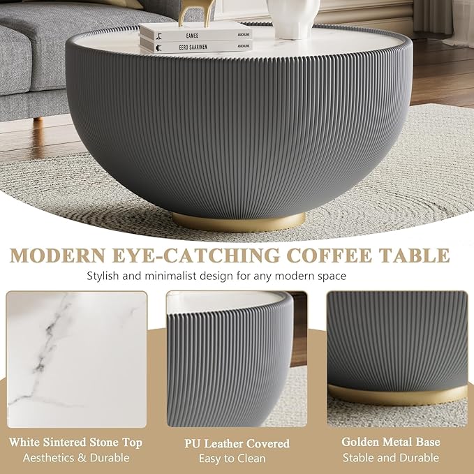 Round Marble Coffee Table Set of 2, 2 Piece White Coffee Table and End Table