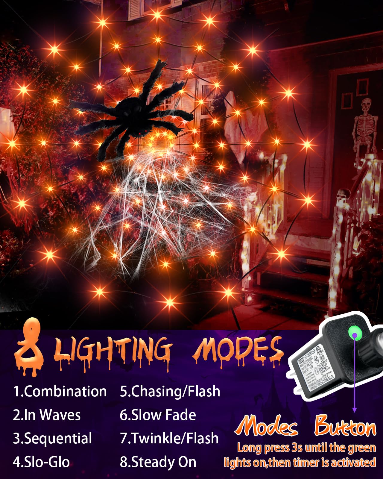 Halloween Decorations Spider Web Lights String Lights for Home, 4.9FT 96LED Waterproof Plugin Net Lights with 8 Modes & Timer, Light Up for Party Indoor Outdoor Garden Yard Haunted House(Orange)