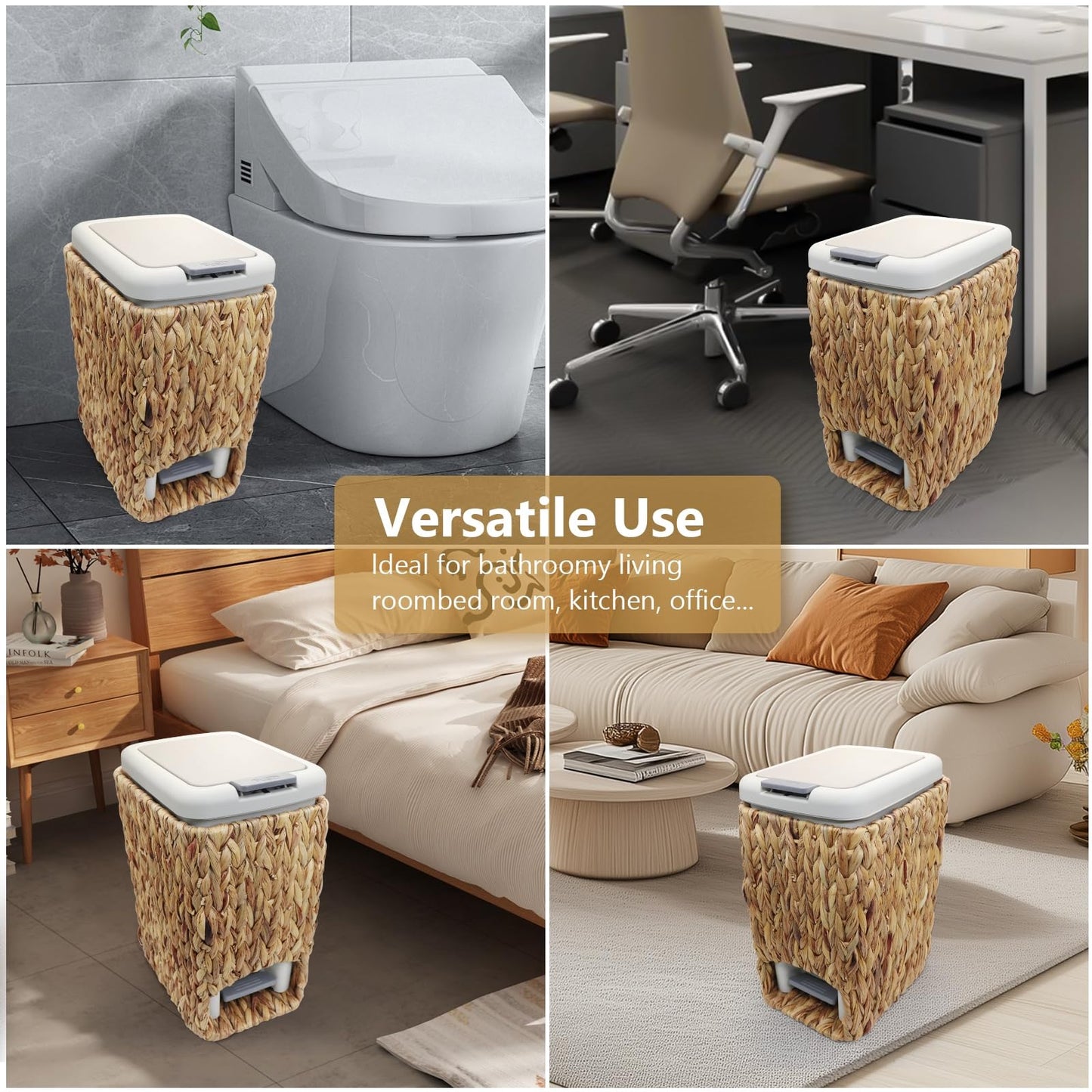 Oranwell Slim Bathroom Trash Can with Lid, 3 Gallon Small Trash Garbage Can Narrow Rubbish Waste Bin Basket with Press Top Step On Wicker Slim Wastebasket Wastepaper Basket for Bath Bedroom Office