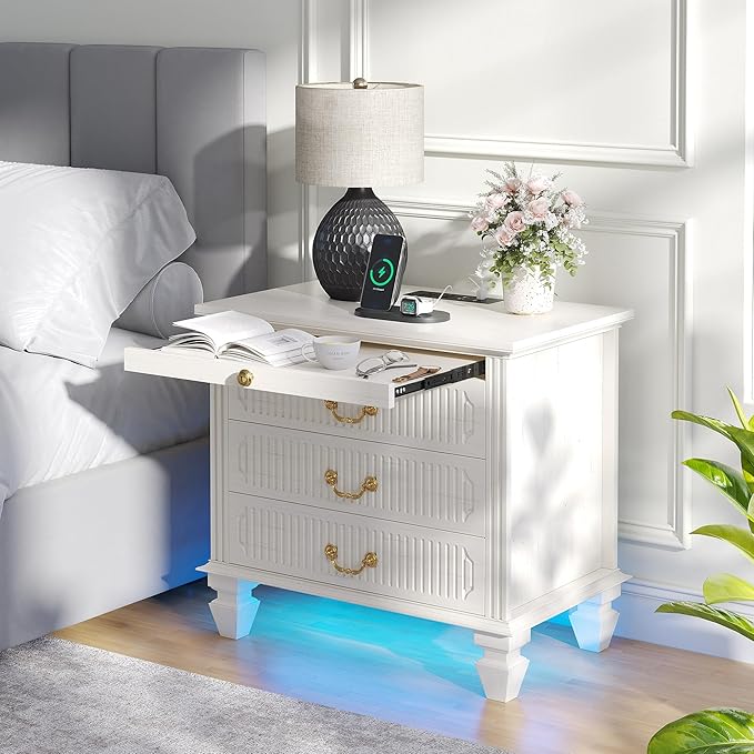 25.6'' Wide Bedside Table with 3 Drawers & Pull-out Tray, Smart Night Stand