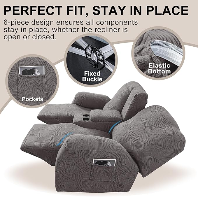 Recliner Loveseat Covers with Console, 6-Piece Stretch Geometric Strokes