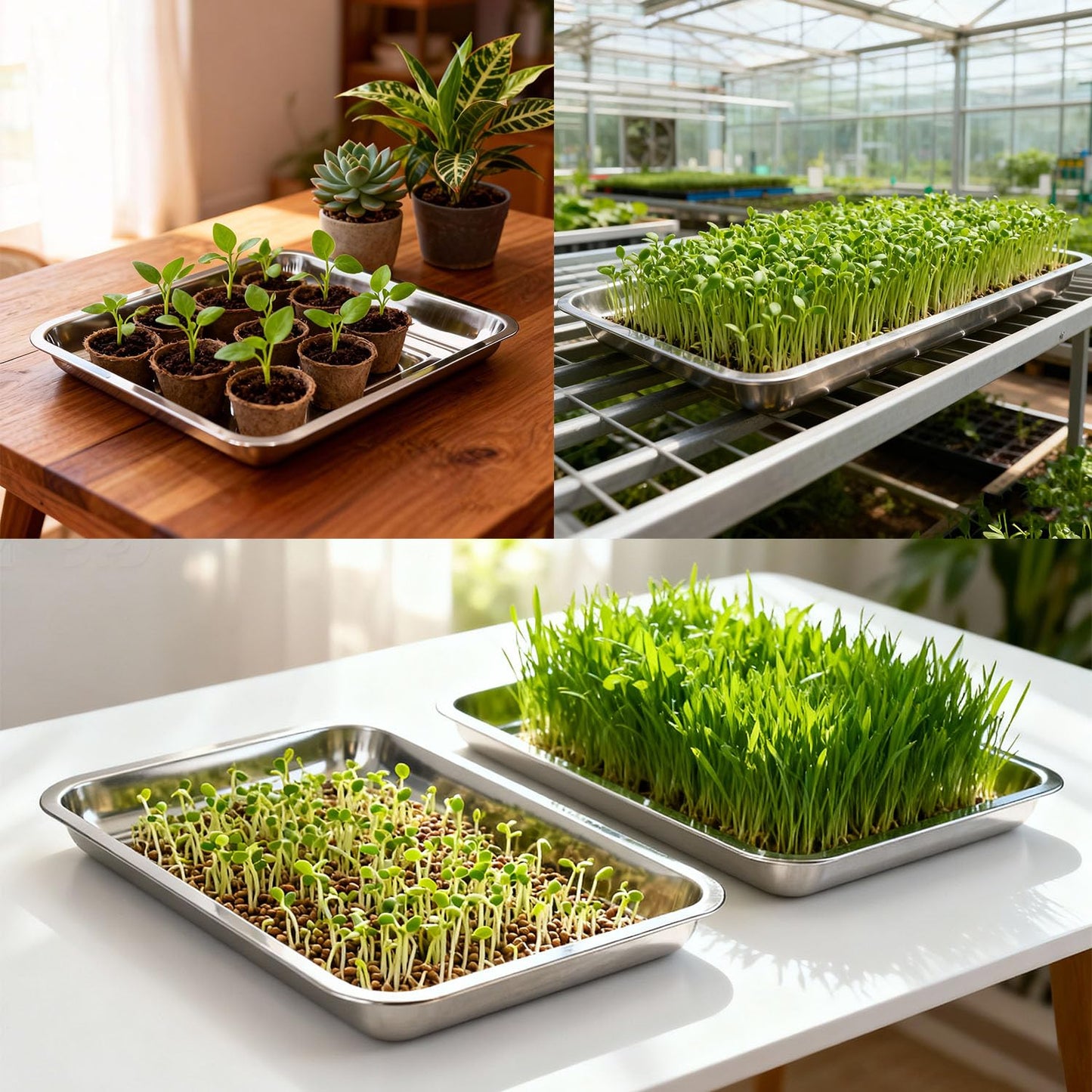 Yiksonyo 10-Pack 16 Inch Stainless Steel Growing Trays, Heavy-Duty Metal Sprouting Tray for Plants, Stainless Steel Plant Germination Trays for Hydroponics, Transplanting (Silver)