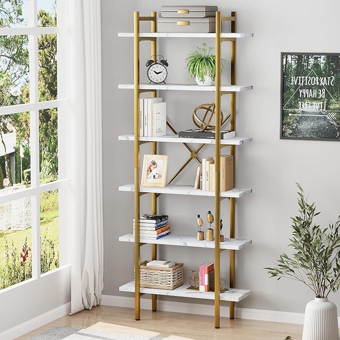 6 Tiers Bookshelf Organizer White Faux Marble Shelf, Modern Open Display