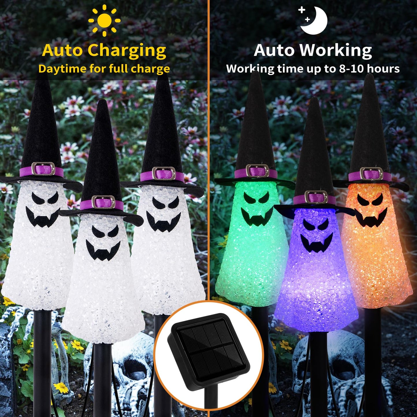 LIGHTSHINE 3PCS Ghost Solar Halloween Decorations, Solar Landscape Pathway Lights, Garden Stakes Light, Outdoor Halloween Lights Decor for Yard, Patio, Porch (Orange+Purple+Green)