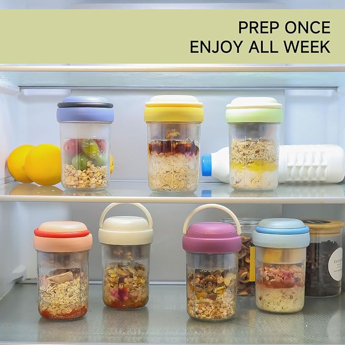 Overnight Oats Containers with Handles & Lids – 16oz Glass Mason Jars with Spoons & Fruit Compartments, Meal Prep Breakfast Jars, 2 Sets (Cream, Purple)