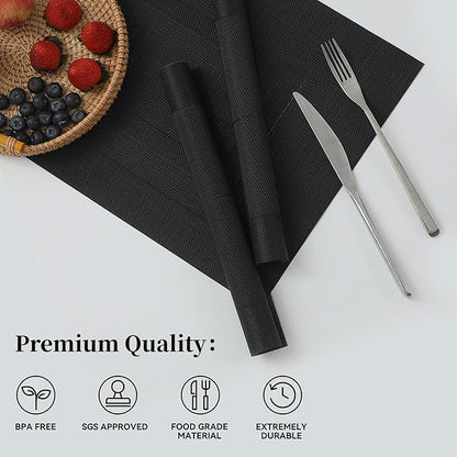 Leetaltree Black Frame Placemats Set of 12 - Heat Resistant Non-Slip Place mats for Dining Table, Washable Durable PVC Vinyl Woven Table Mats（Black Frame, 12）