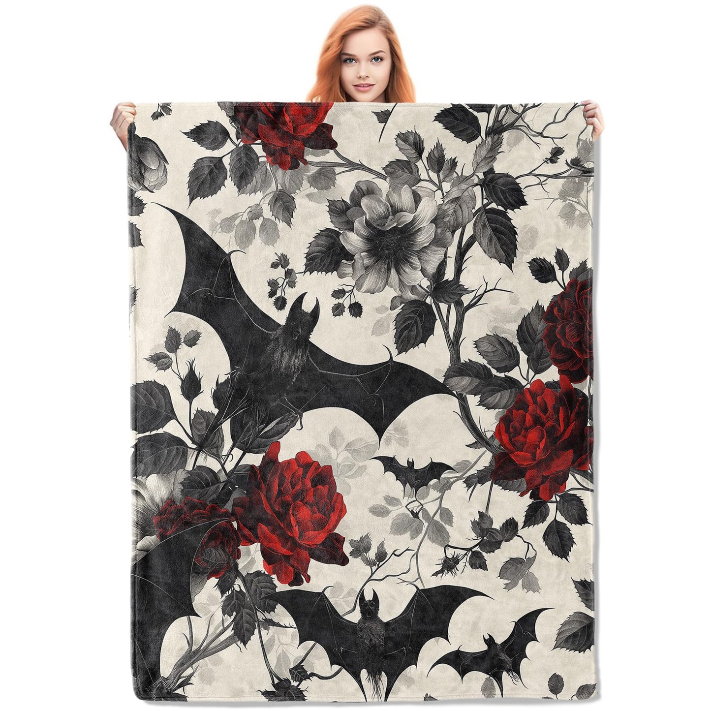 VANZEV Gothic Floral Blanket,Roses and Bat Flannel Throw Blankets,Soft Warm Lightweight Cozy Plush Halloween Goth Throws for Bedroom Sofa Home Decor Gifts for Women Girls 50"x60"