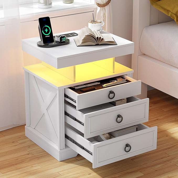 HNEBC Night Stand with Gun Drawers, Farmhouse Nightstand with Charging Station