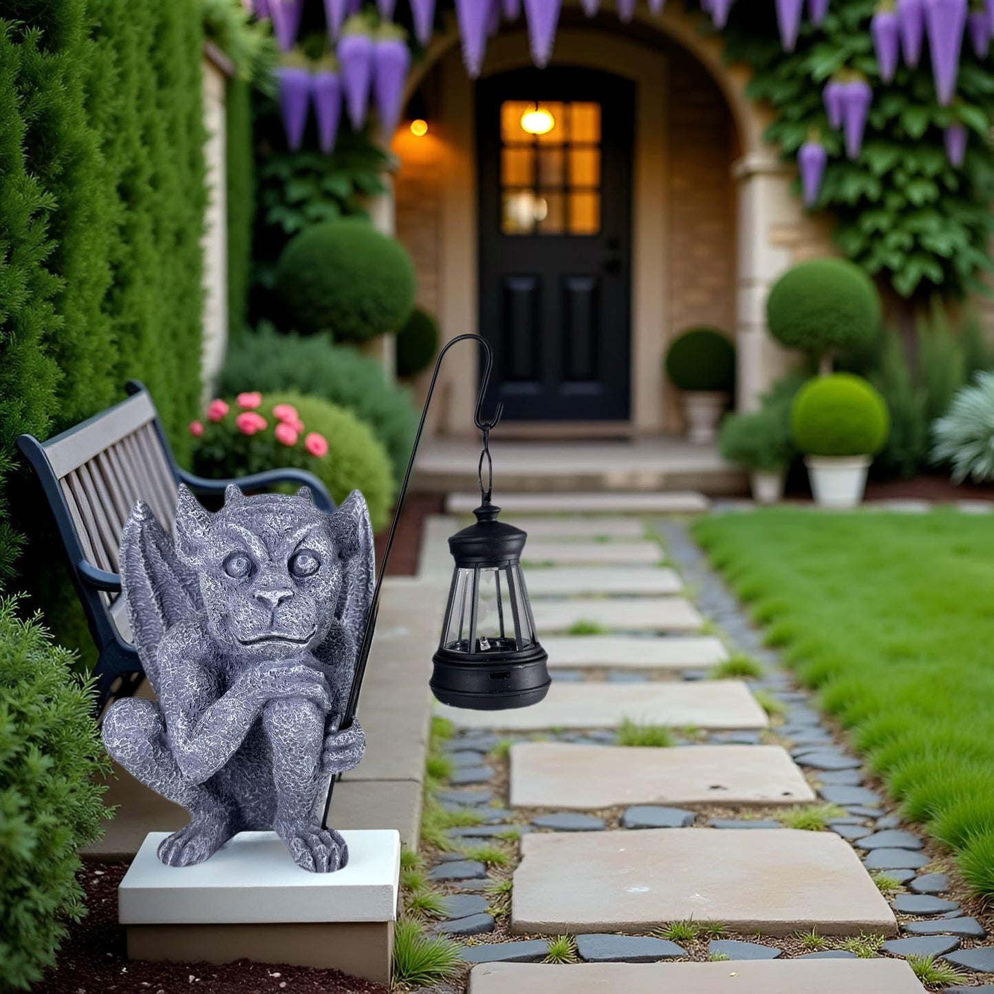 memeyou Gargoyle Statues Outdoor with Solar Lantern Gothic Garden Lamp Decor Outside Dragon Winged Gargoyle for Porch Patio Lawn Yard Ornament Trolls Figurine Gifts for Women Mom Grandma