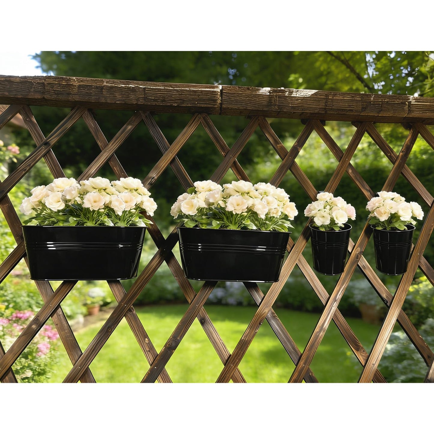 Joyfernal Set of 6 Balcony Hanging Planters, 2 Pcs 17" Metal Railing Flower Pots & 2 Pcs 12" Deck Planter & 2 Pcs 4" Fence Pot for Outdoor Patio Garden Décor, Black