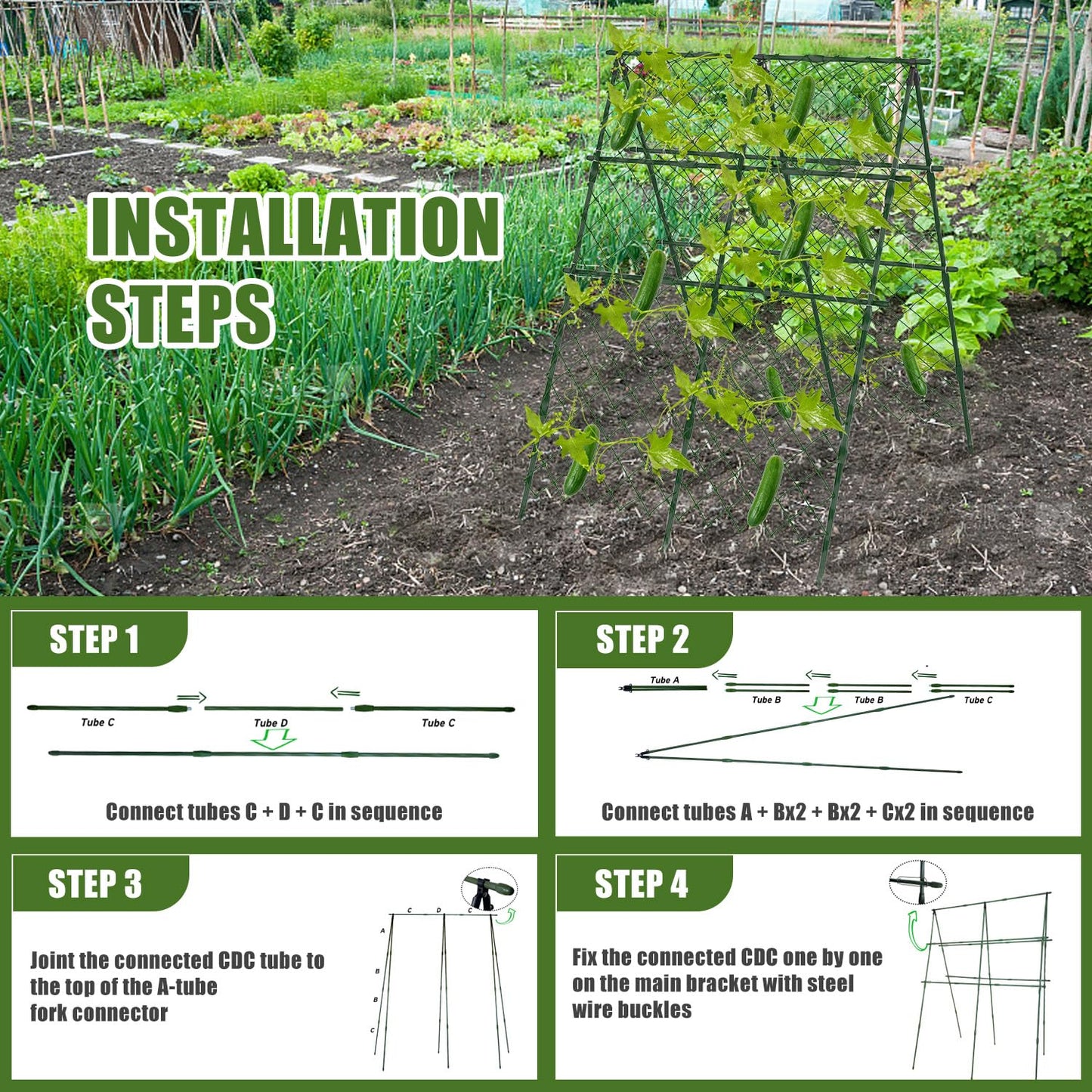 STFALI 63"H x 47"L Cucumber Trellis for Raised Bed, Adjustable Garden Trellis for Climbing Plants Outdoor with Climbing Net and Plant Support Clip, A-Frame Trellis for Vegetable, Cucumbers, Tomatoes