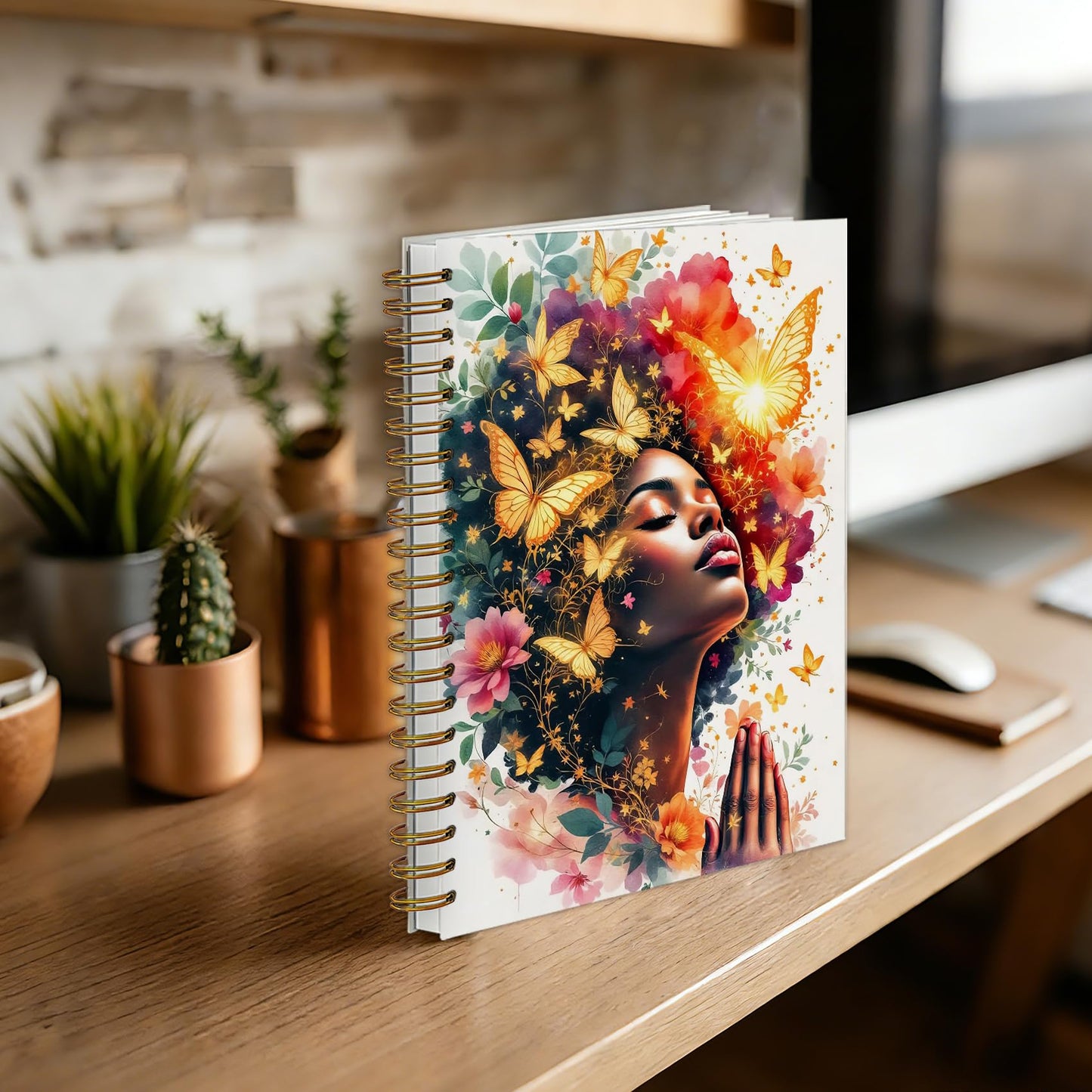 sdfkmlcdl Inspirational Black Women Praying Spiral Notebook, African American Gifts Journal for Black Women, Fantasy Golden Butterfly Flower Hardcover Journal, 5.5x8.3