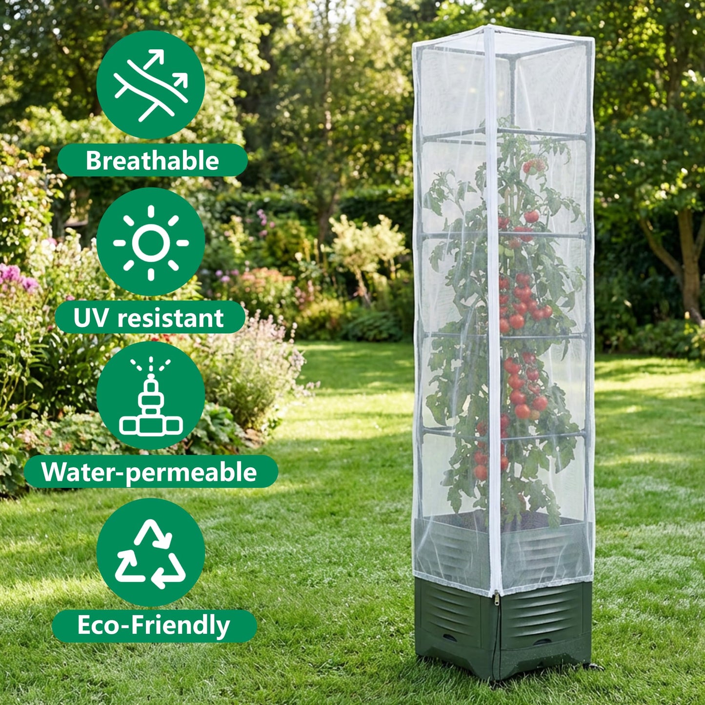 2 Pcs Garden Bird Netting Plant Cover for Square Tomato Cage, 78.7" x 21.6" Insect Bird Barrier Tomato Cage Net with Zipper & Drawstring, Tomato Trellis Netting Protection Cover for Protecting Plants