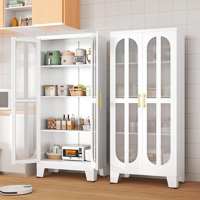 PAOFIN 61.02" Metal Display Storage Cabinet, Tall Kitchen Pantry Cabinets