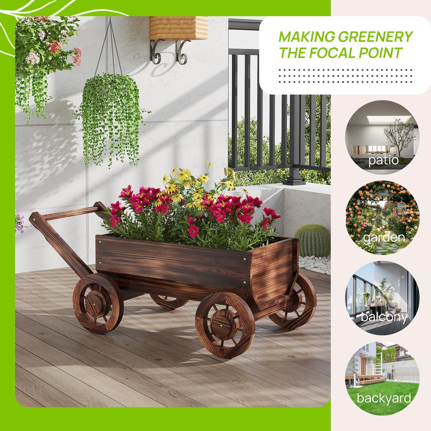 Wooden Flower Cart with Wheels Wooden Wagon Planter Outdoor Garden Planter Decor Planter for Patio Balcony Trolley Decoration Succulent Flower Pot, Indoor Backyard Balcon Decor（Large）