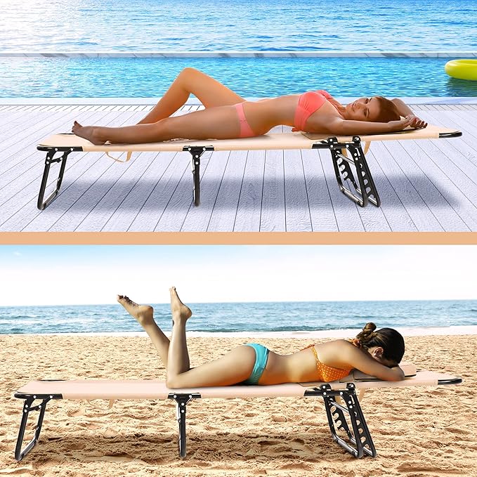Folding Beach Lounge Chair w/ 5 Adjutable Backrest & Padded Pillow, Sunbathing