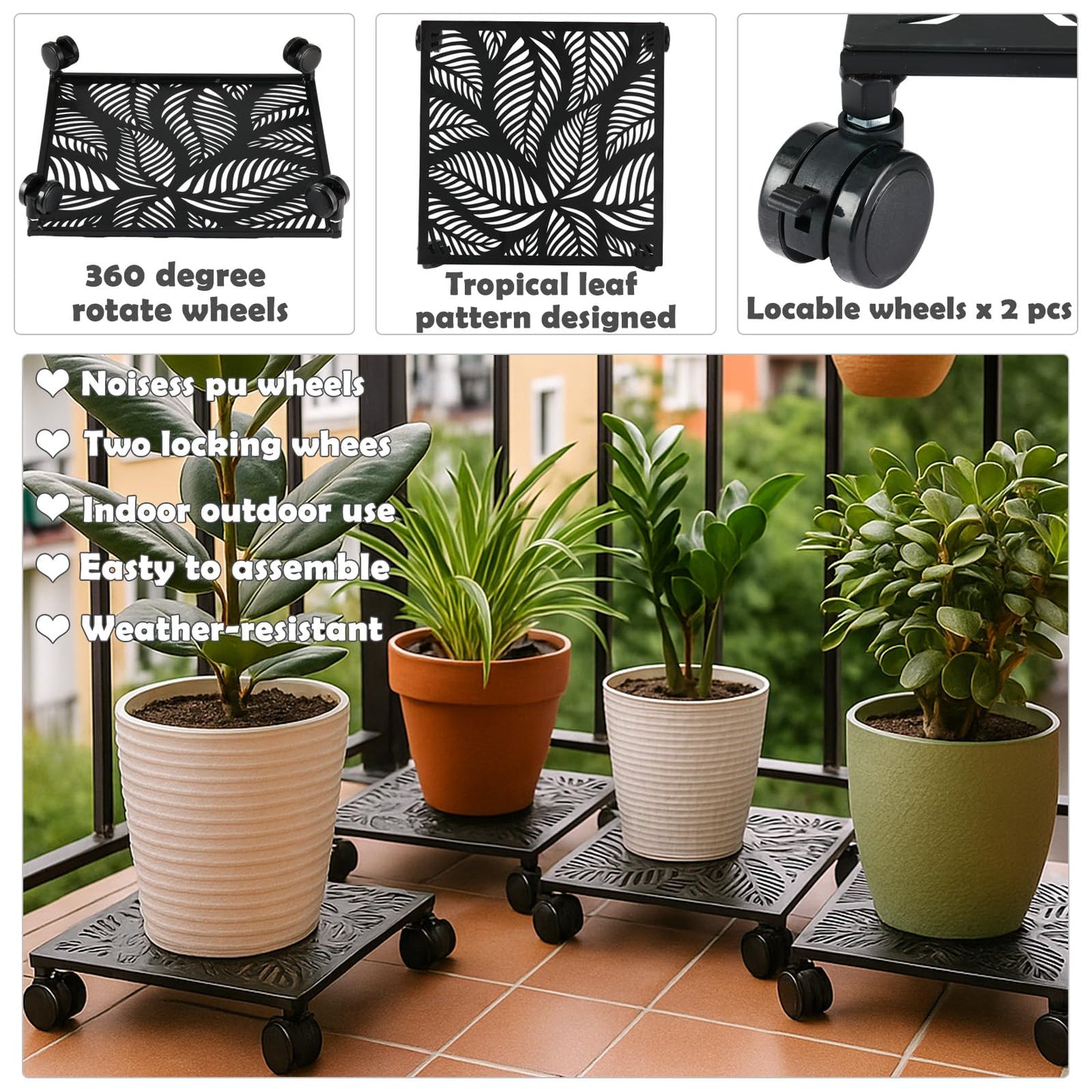 1-Pack 12 Inches Square Metal Plant Caddy with Wheels Heavy Duty Large Rolling Plant Stand Indoor Outdoor Wheeled Planter Dolly Cart with Lockable Casters Flower Pot Mover Roller Trolley, Black