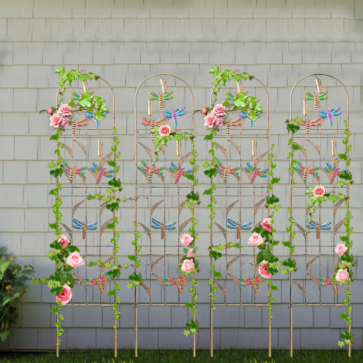 aboxoo Set of 4 Packs Dragonfly Metal Garden Trellis for Climbing Plants,Outdoor Decorative Flowers Arch Fence Trellis for Outdoor Patio,Garden,Lawn,Yard,Backyard,Wall Brackets,60'' H x 11'' W