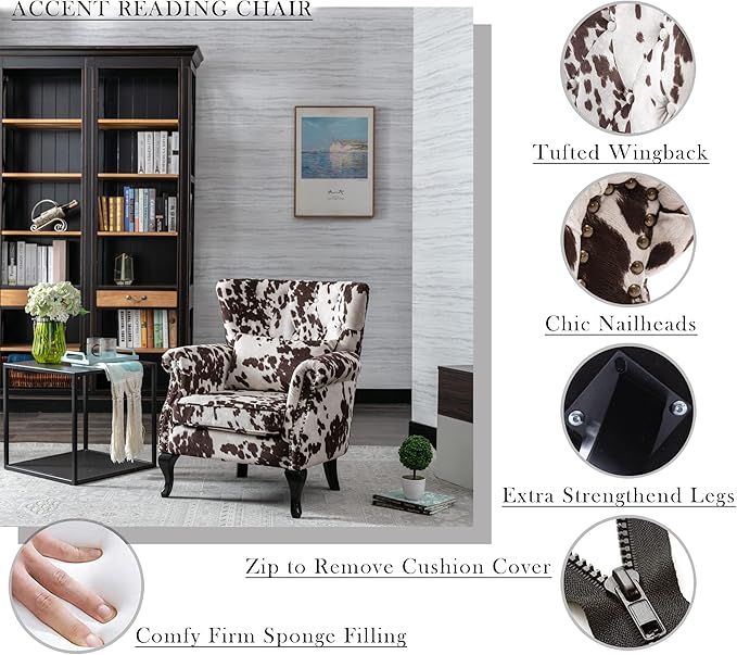 Mid Century Modern Accent Chair Upholstered Armchair Comfy Cowhide-Print Fabric