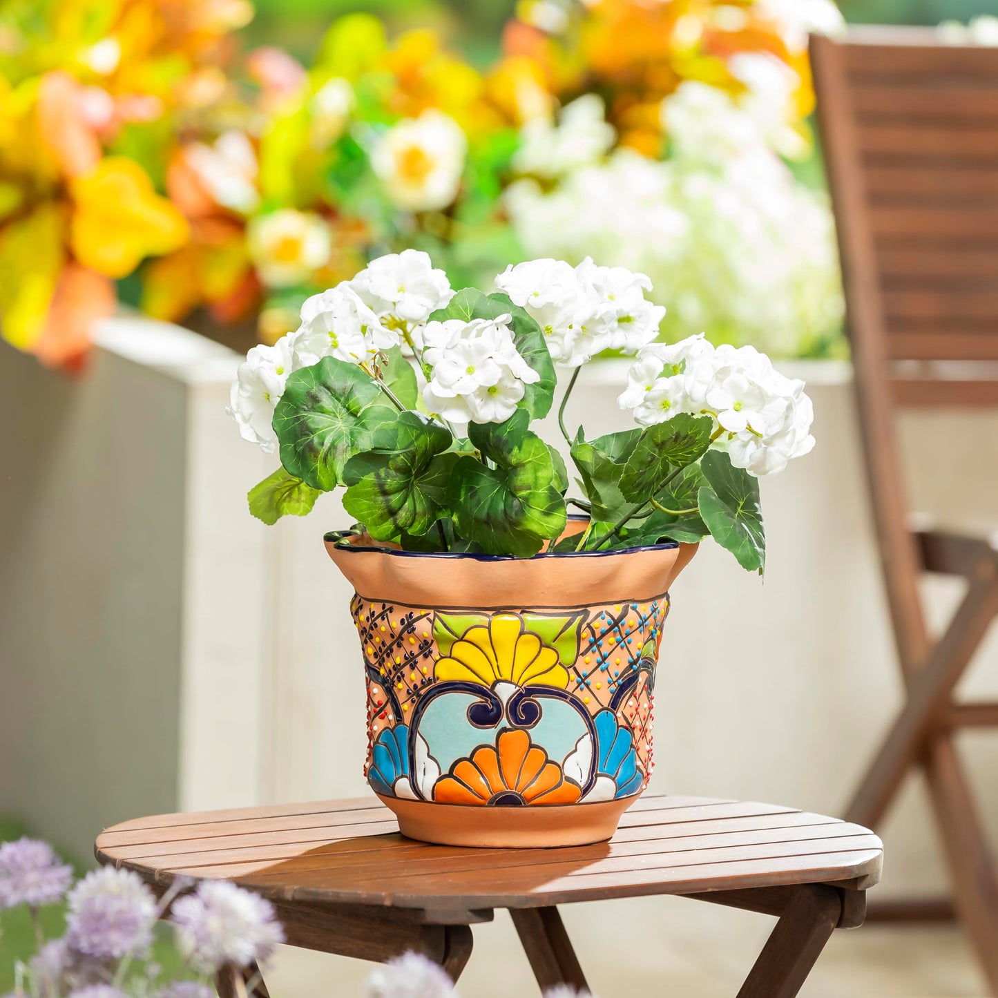 Evergreen Garden Talavera Mexican Pottery Ceramic Floral Classic Top Pot Planter | Flower Pot Plant Succulent | Indoor Outdoor (8 inch, Tan)