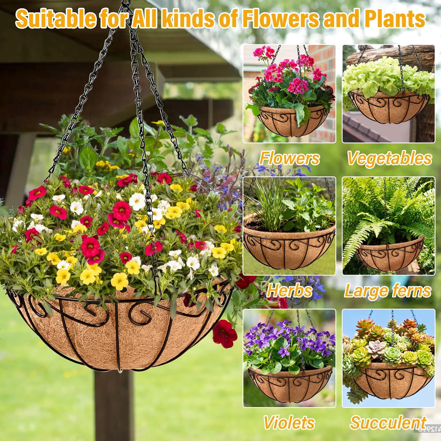 Legigo 6 Pack 12 Inch Metal Hanging Baskets for Plants Outdoor- Round Wire Hanging Planters Basket with Coconut Coir Liner, Hanging Flower Pot for Outdoor Plants Flowers Garden Decorations
