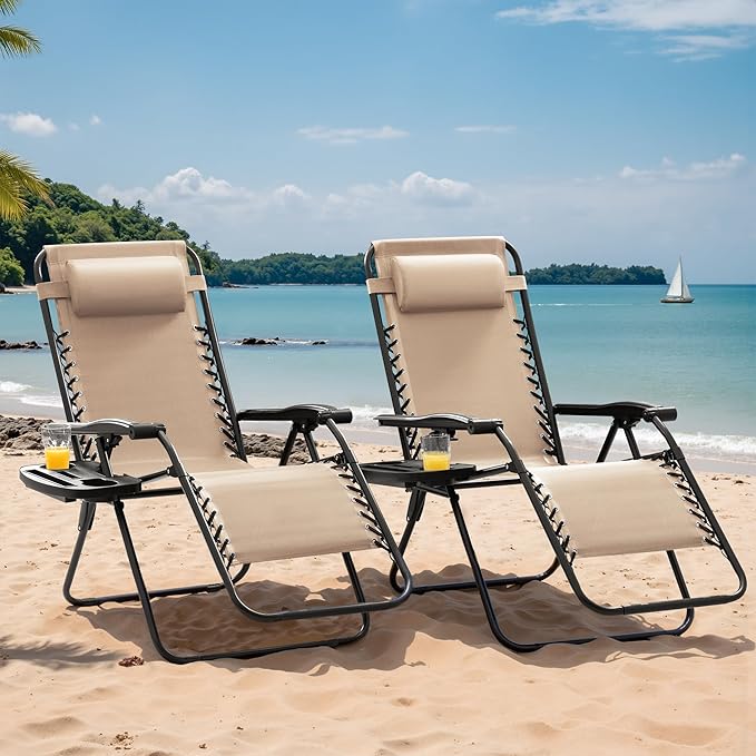 Devoko Set of 2 Zero Gravity Lounge Chairs, Outdoor Folding Adjustable Steel