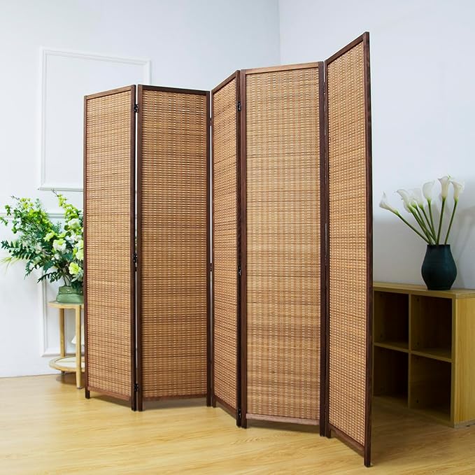5 Panel Bamboo Room Divider Screen, 5.6 FT Tall Bamboo Divider Folding Privacy