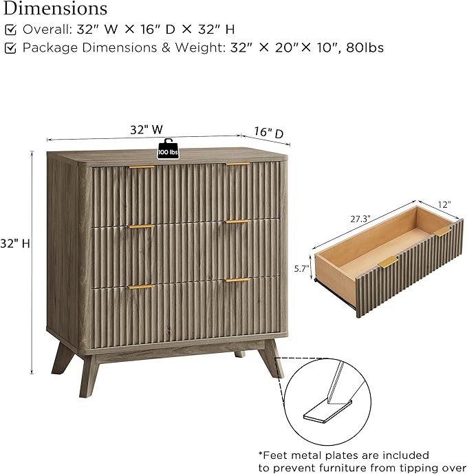 T4TREAM Fluted 3 Drawer Dresser, Curved Profile Design, Wood Drawer Organizer
