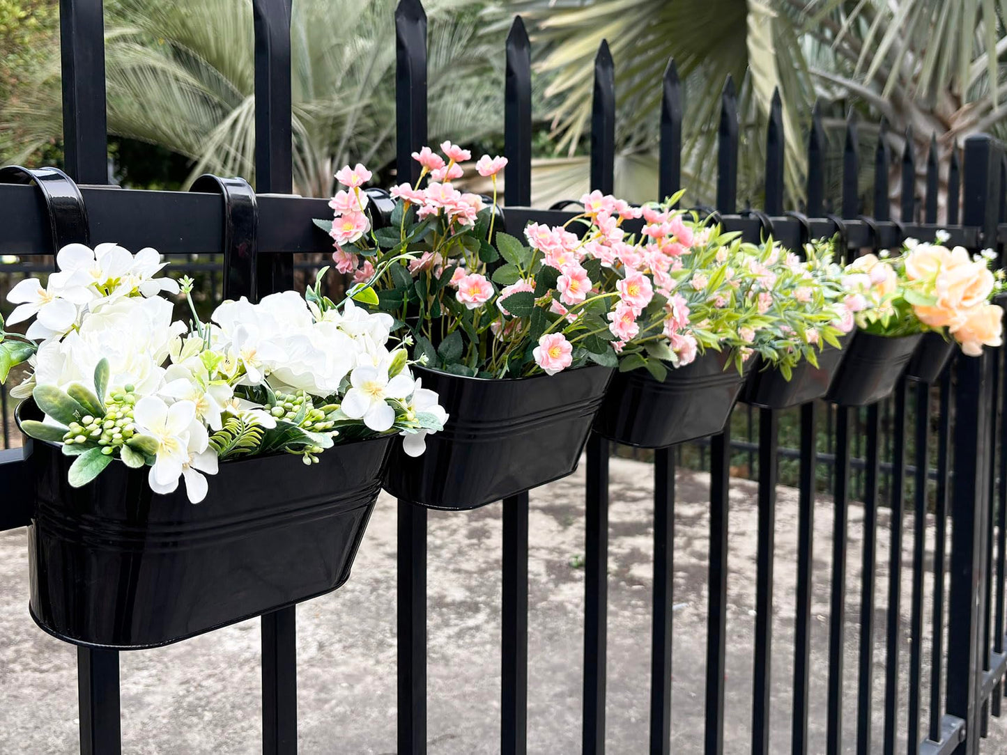 Joyfernal 12" Balcony Railing Planters, Outdoor Hanging Planter for Fence, Stylish Metal Porch Deck Flower Pot for Herbs & Succulents (Black, Pack of 2)