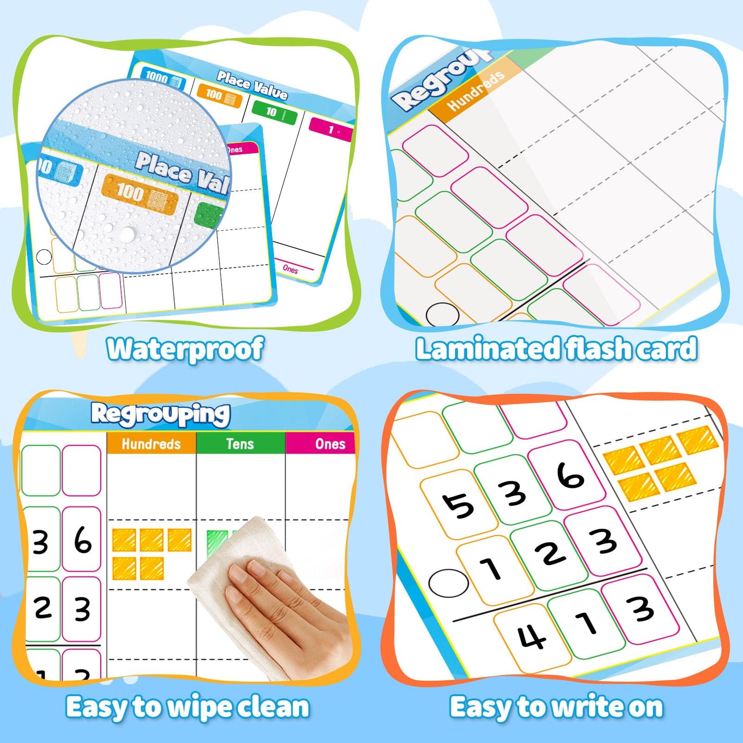PraxiKidy 12 Pack Place Value Dry Erase Flash Cards Chart, 9" x 12" Base Ten Addition and Subtraction Math Manipulatives 1st 2nd 3rd Grade Classroom Must Haves Teacher Homeschool Supplies Essential