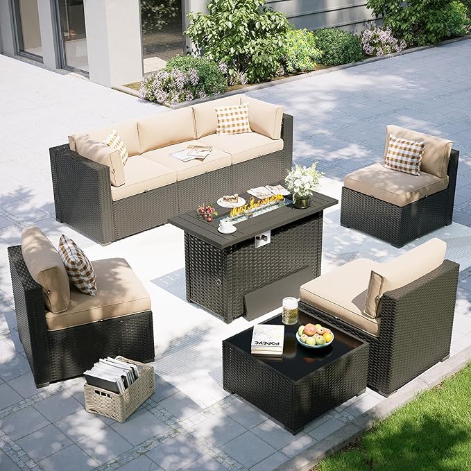 Aoxun Patio Furniture Set with Fire Pit Table, 8 Piece Outdoor Sectional Sofas