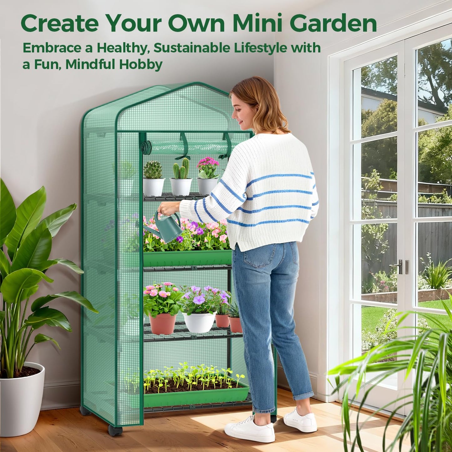Ohuhu Small Greenhouse for Indoor Outdoor with Wheel, Portable Plastic Plant Green House 4-Tier Rack Stand Portable Greenhouses with Durable PE Cover for Seedling