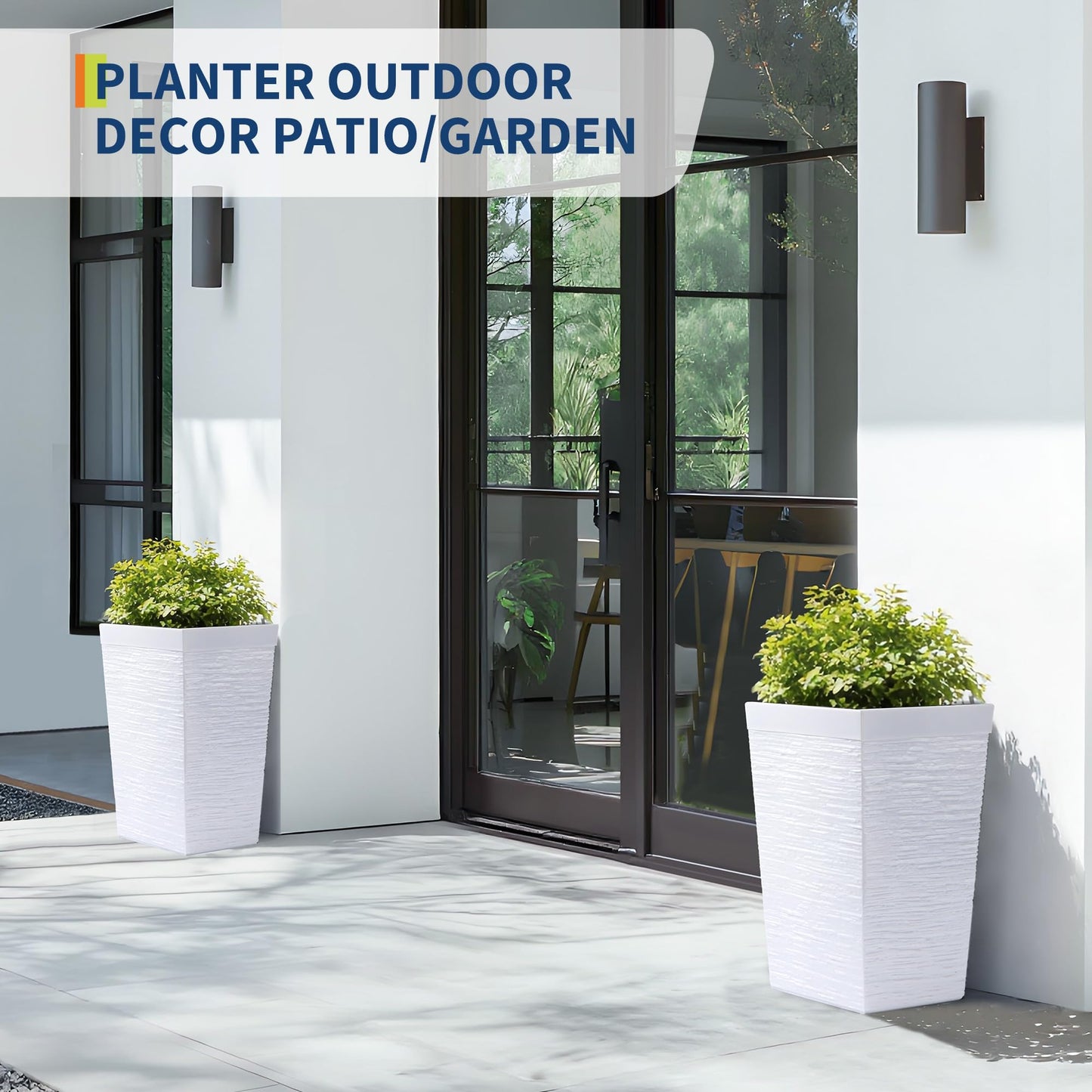 Garvee 16" Tall Planters Set of 2, Self Watering Tall Planters, Outdoor＆Indoor Planter Pots, High Front Porch Planters Pots with Drainage Holes＆Water Level Monitor, White