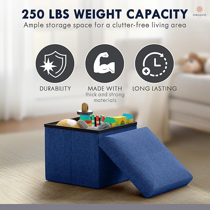 Ornavo Home Small Storage Ottoman Foldable Collapsible Cube Square Linen