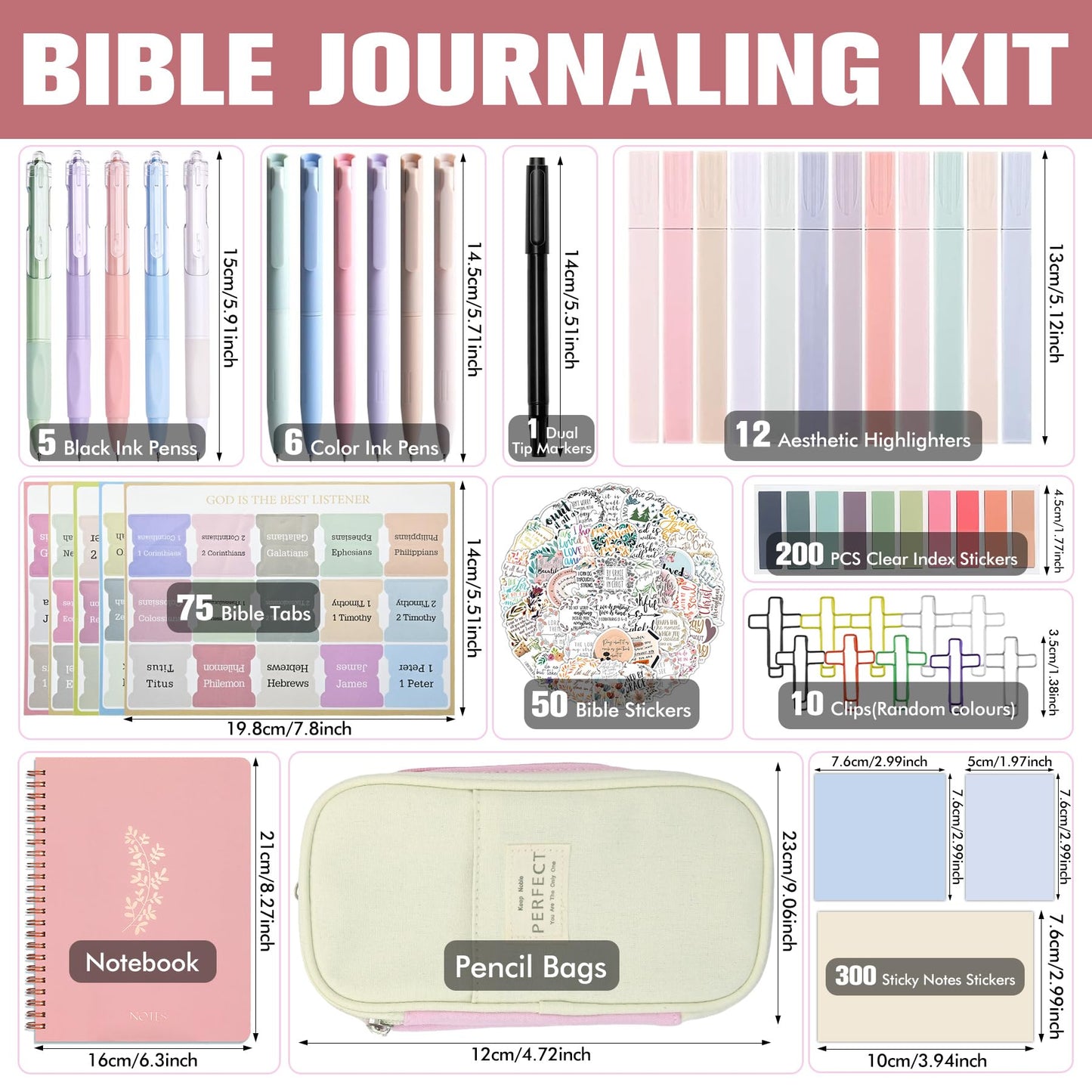 FEMBW Bible Study Supplies Kit for Women – Pink Bible Cover, Notebook, Tabs, Highlighters, Pens, Pen Case – Christian Gifts for Students, Beginners, BibleAccessories for Journaling
