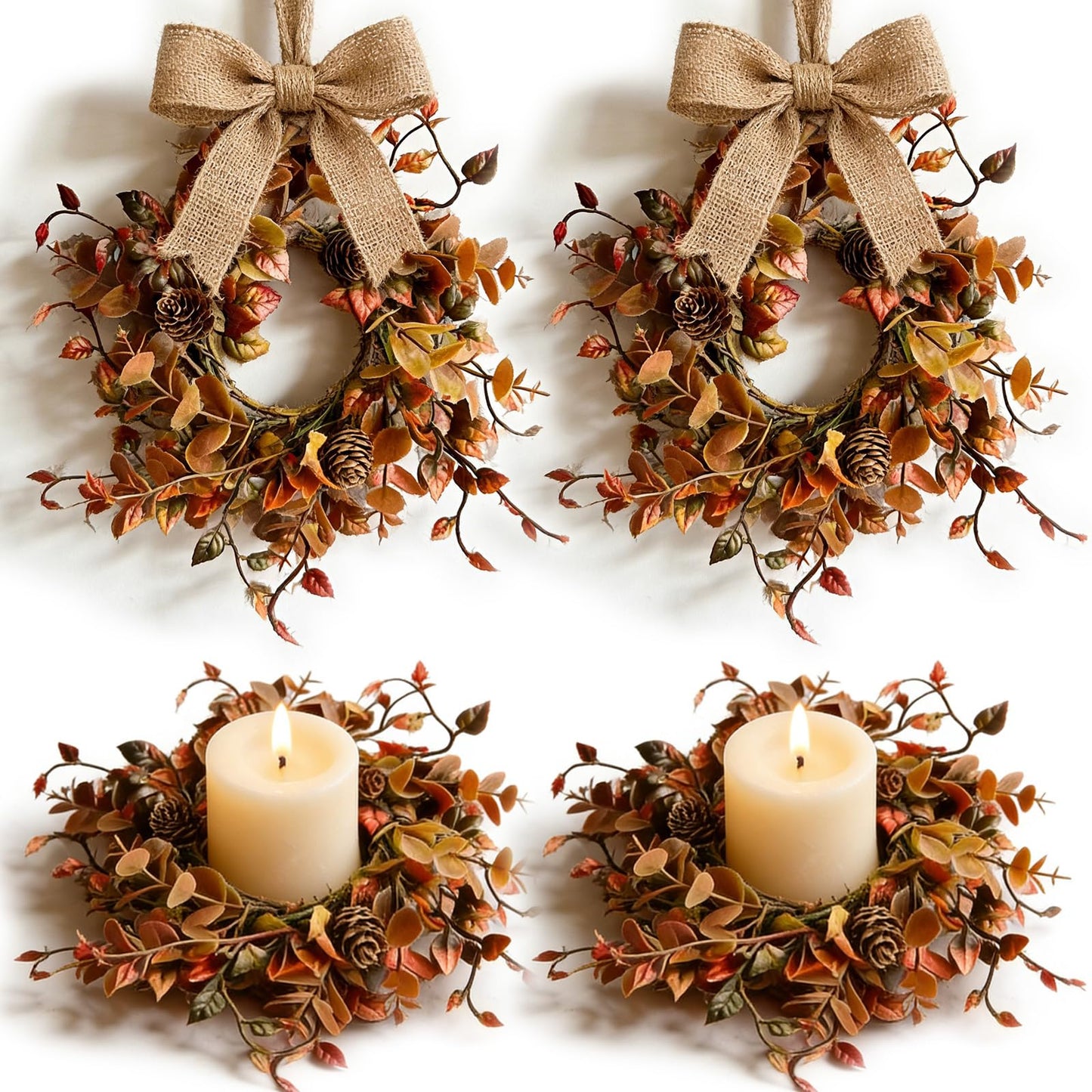 4 Pcs Mini Fall Candle Ring Wreaths Autumn Pinecones Mixed Foliage Artificial Pillar Candle Holder Wreath for Farmhouse Thanksgiving Harvest Porch Front Door Cabinets Table Decoration