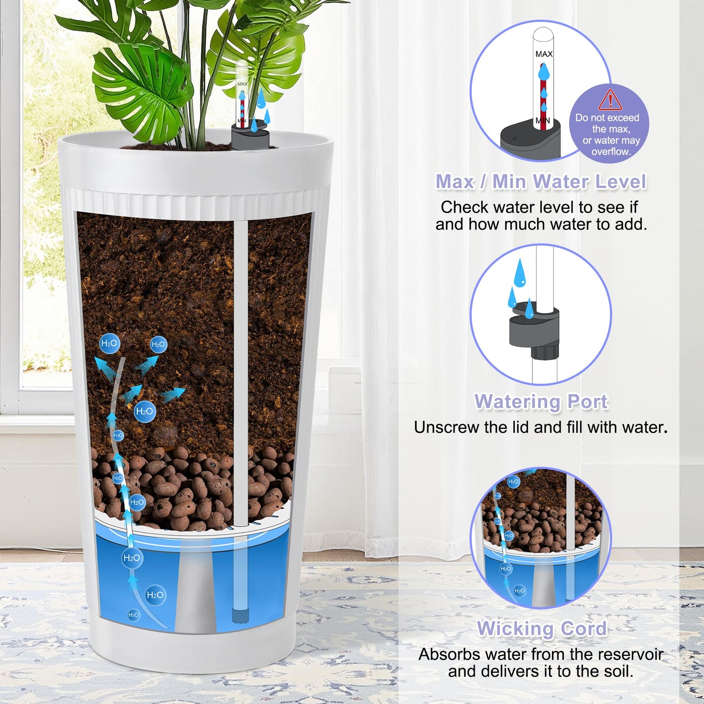 PolarcoForgeco 24in Tall Self-Watering Planters Set of 2 - White Flower Pots with Water Level Monitor, Non-Toxic Plastic Planters for Indoor Outdoor Patio, Porch, Living Room, Home Office