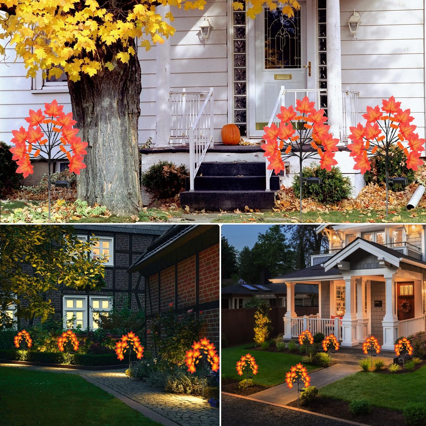 ReyeeInc Fall Solar Lights Outdoor, Solar Powered Fall Stake Lights with 20 Maple Leaf and 20 Pumpkin for Yard, Patio, Lawn, Garden, House, Home Outside Thanksgiving Harvest Decorations(2 Pack)