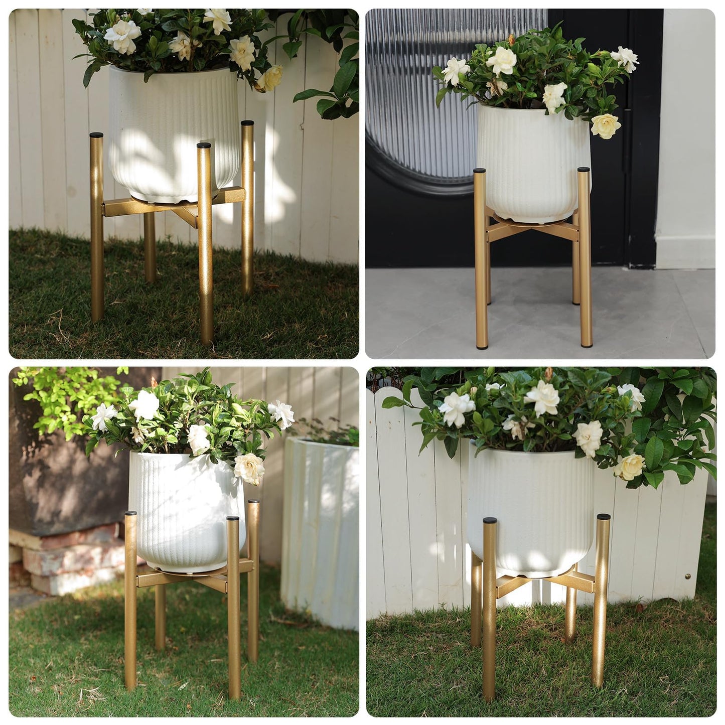 Rioneta Adjustable Metal Plant Stand Indoor, 8 to 14 Inch Pots Mid Century Modern Outdoor Planter Holder,Heavy Duty 160 LB Load, Corner Floor Small Stand for Home Garden Decor Golden