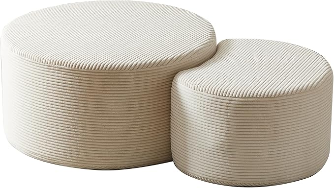 Modern Nesting Coffee Table Set of 2 in Beige, Upholstered Round Living Room