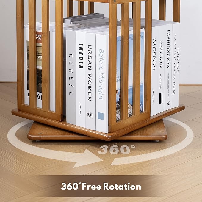 YOWOS Rotating Bookshelf Tower, 360° Display Spinning Bookcase, Bamboo