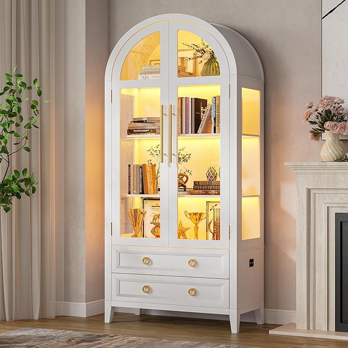 Arched Curio Cabinet with Glass Doors, 4-Tier Display Cabinet with 2 Drawers