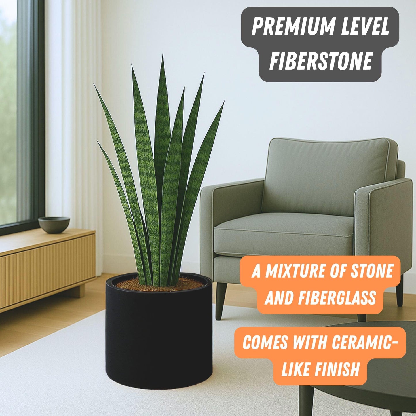 Fox & Fern Large 15 Inch Planter - Premium Lightweight Fiberstone Black Plant Pot with Drainage Plug; Ideal for Indoor and Outdoor Plants