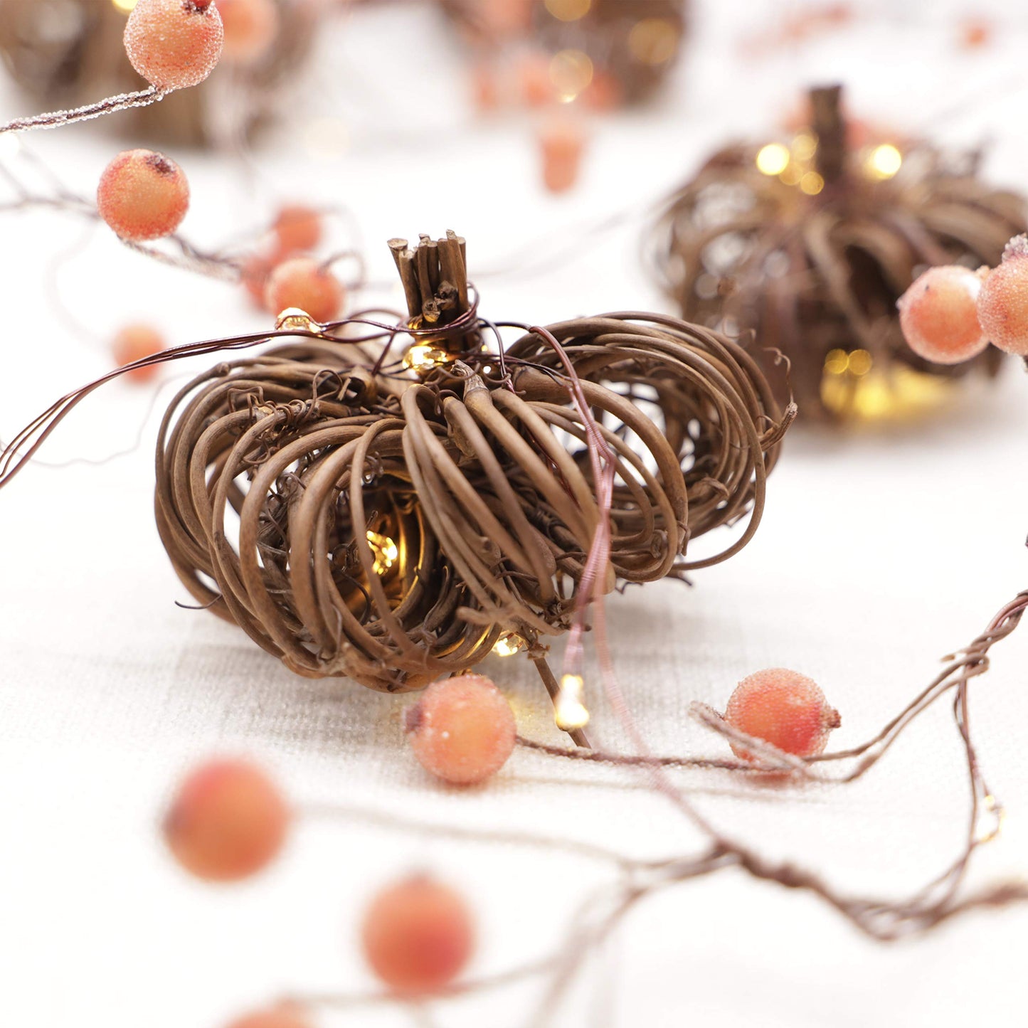 MIYA LIFE Nature Rattan Pumpkin Lights - 10FT 30 LED Cozy Fall Garland with Lights Battery Operated Charming Thanksgiving Decorations with Remote - Ideal Thanksgiving Garland Fall Decorations for Home