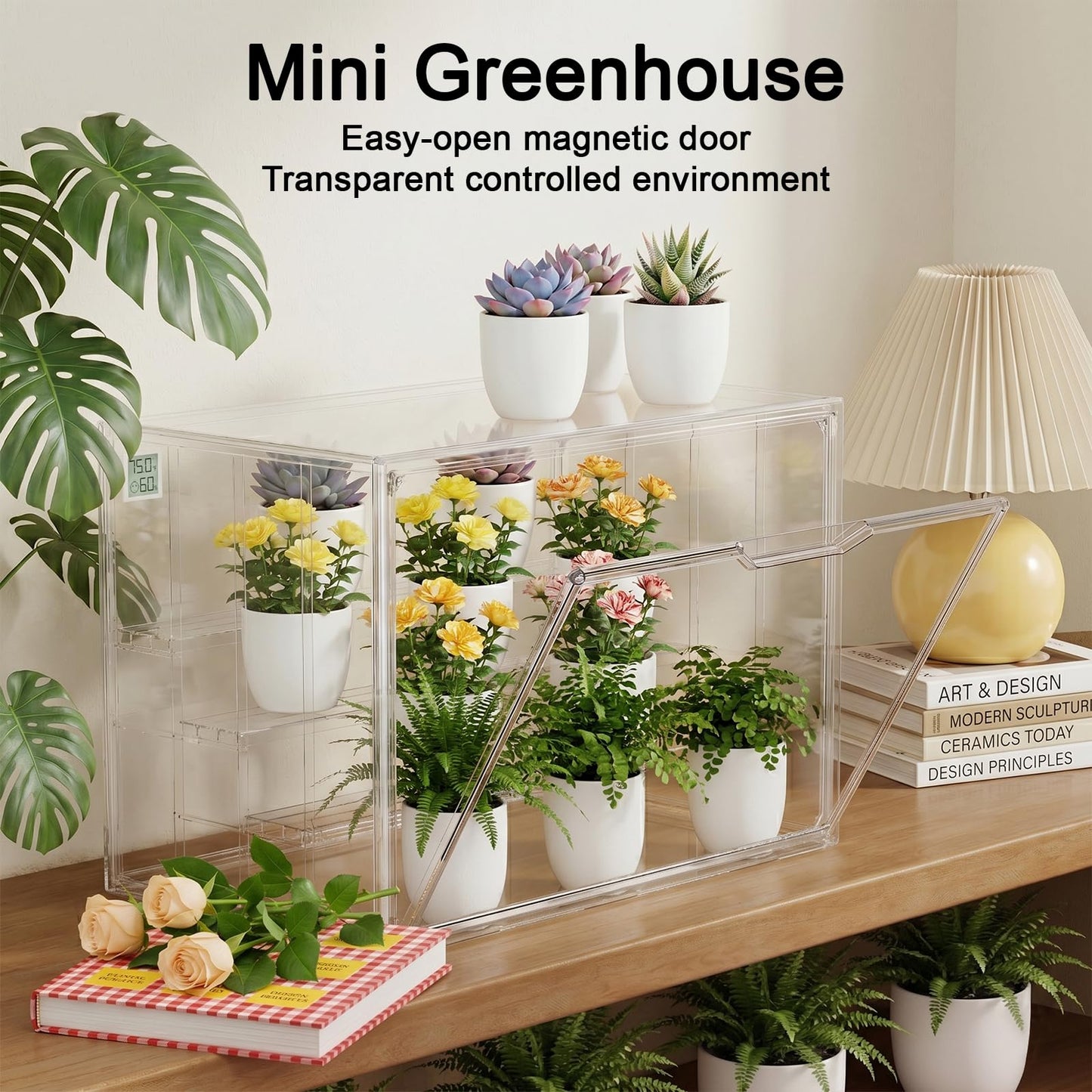 Clear Mini Indoor Greenhouse, Small Tabletop Portable Green House with Magnetic Door, Grow Light and Hygrometer, Stackable (Plants and Pots are not Included)