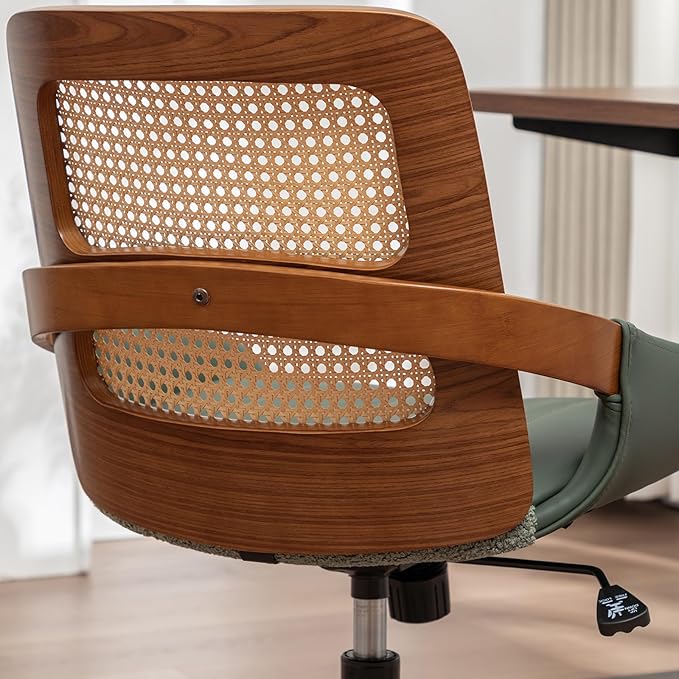 Home Office Desk Chair with Ergonomic Rattan Backrest, Walnut Crafts, Curved