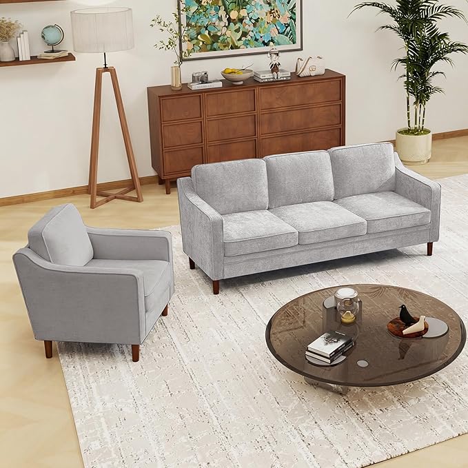 Kingfun Living Room Furniture Sets, 3 Seater Couch and Loveseat, Mid Century