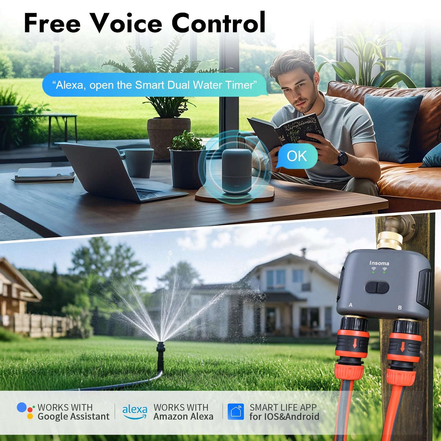 WiFi Water Timer for Garden Hose with Brass Inlet,Smart Hose Timer with WiFi Hub, APP & Voice Control,Up to 20 Watering Plans, 2-Zone Sprinkler Drip Irrigation System Controller for Yard Lawn Watering